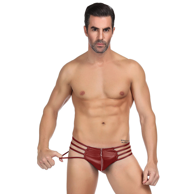 Comeondear Men Briefs Underwear Faux Leather Sexy Zipper Panties Bandage Synthetic Hollow Out Slip Men Gay Sexy Underwear