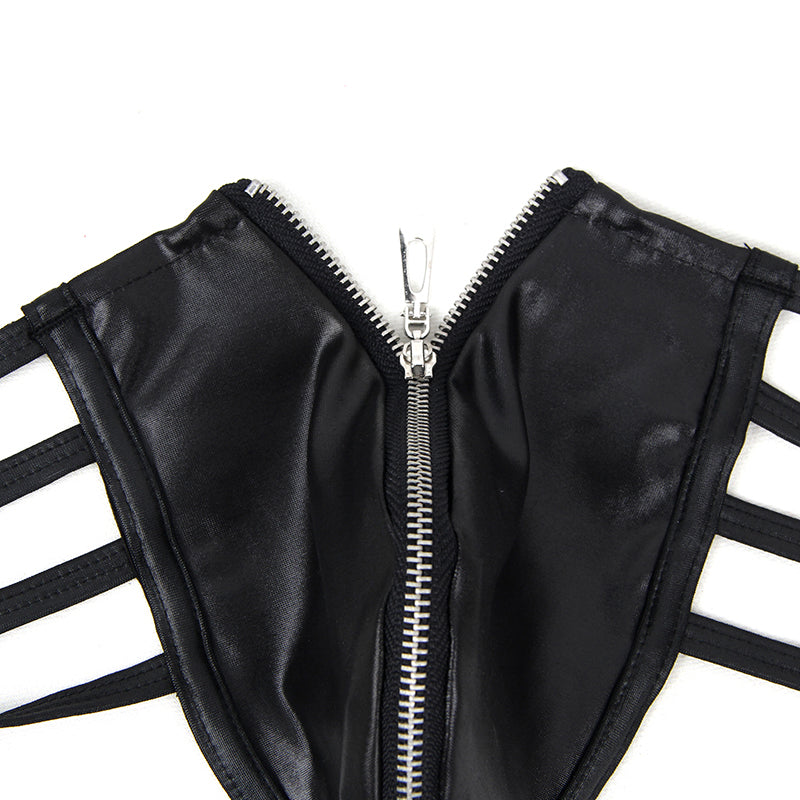 Comeondear Men Briefs Underwear Faux Leather Sexy Zipper Panties Bandage Synthetic Hollow Out Slip Men Gay Sexy Underwear