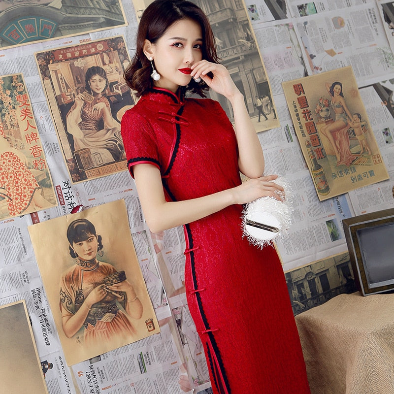 Sexy Burgundy New Female Lace Cheongsam Women Novelty Qipao Short Sleeve Elegant Chinese Dress Slim Chi-pao Vestidos Size S-XXL