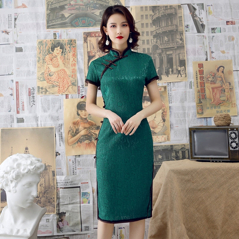 Sexy Burgundy New Female Lace Cheongsam Women Novelty Qipao Short Sleeve Elegant Chinese Dress Slim Chi-pao Vestidos Size S-XXL