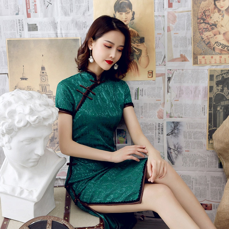 Sexy Burgundy New Female Lace Cheongsam Women Novelty Qipao Short Sleeve Elegant Chinese Dress Slim Chi-pao Vestidos Size S-XXL