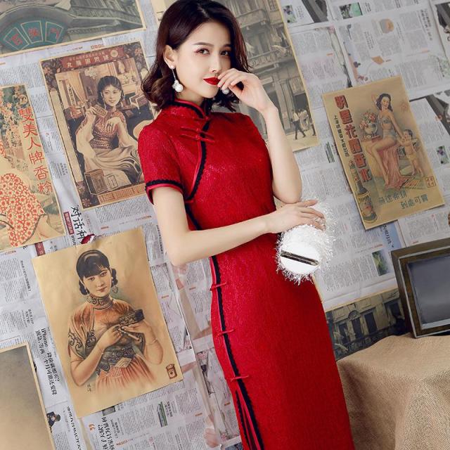 Sexy Burgundy New Female Lace Cheongsam Women Novelty Qipao Short Sleeve Elegant Chinese Dress Slim Chi-pao Vestidos Size S-XXL