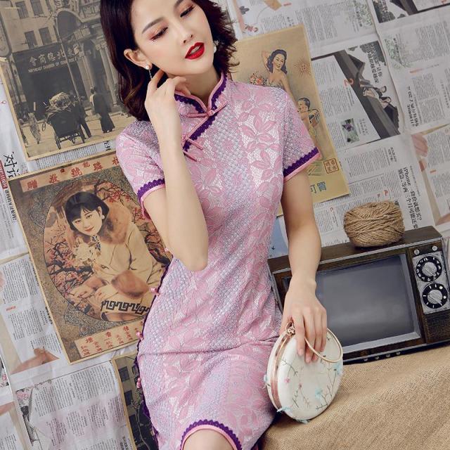 Sexy Burgundy New Female Lace Cheongsam Women Novelty Qipao Short Sleeve Elegant Chinese Dress Slim Chi-pao Vestidos Size S-XXL