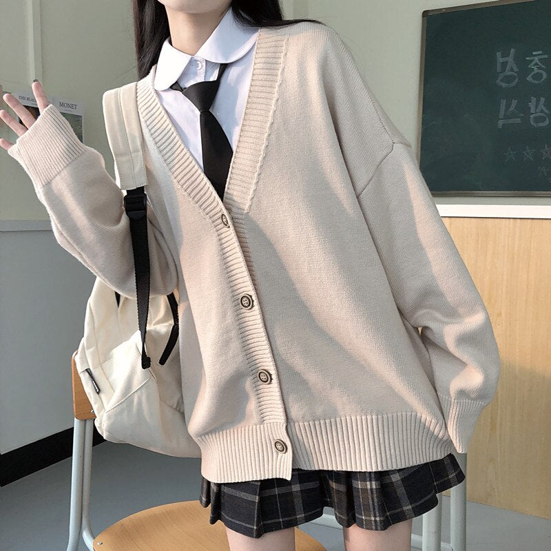 Japanese fashion College jk Loose V-neck Cardigan Sweater Female Outer Wear JK Sweater Coat japanese school uniform