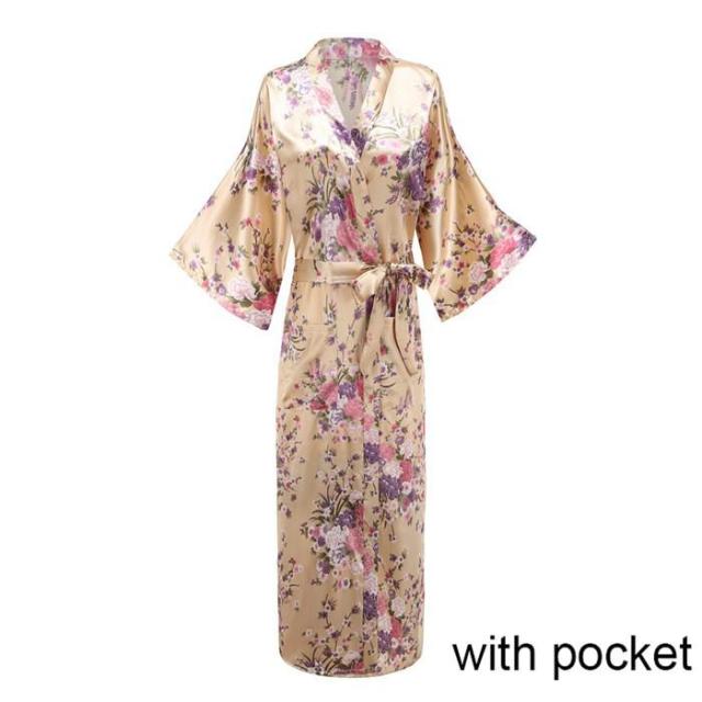 Sexy Lounge Casual Nightdess For Women Sleepwear Female Loose Print Flower Kimono Bathrobe Royal Blue Long Robe Gown With Belt