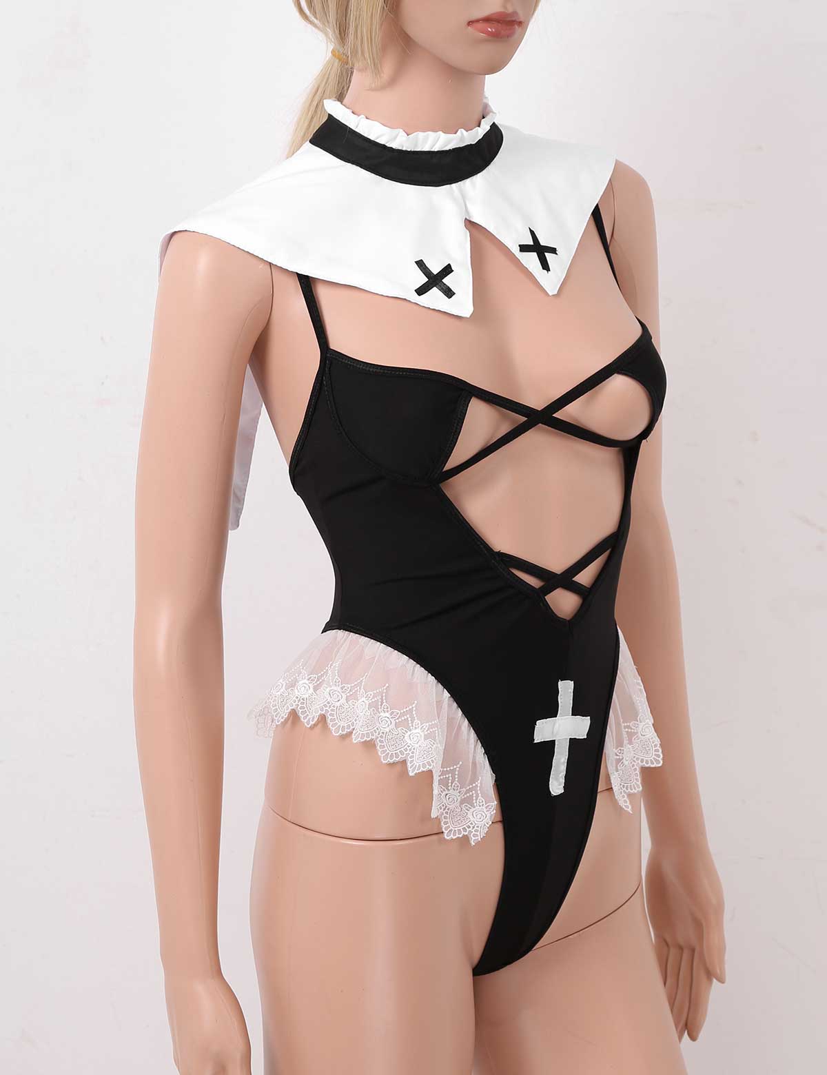 Womens Sexy Nun Cosplay Uniform Costumes Parties Clubwear Spaghetti Straps High Cut Fancy Cosplay Leotard Bodysuit + Neck Collar