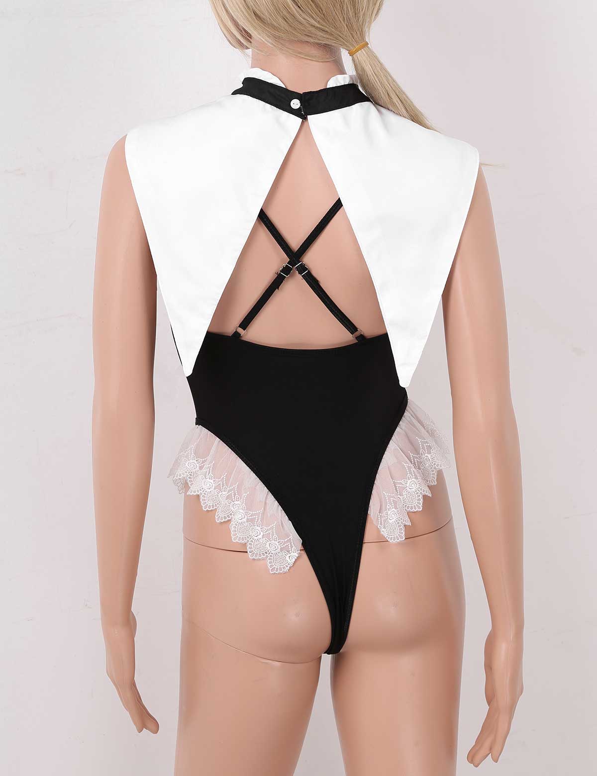 Womens Sexy Nun Cosplay Uniform Costumes Parties Clubwear Spaghetti Straps High Cut Fancy Cosplay Leotard Bodysuit + Neck Collar