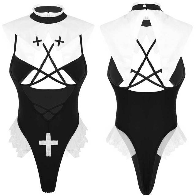 Womens Sexy Nun Cosplay Uniform Costumes Parties Clubwear Spaghetti Straps High Cut Fancy Cosplay Leotard Bodysuit + Neck Collar