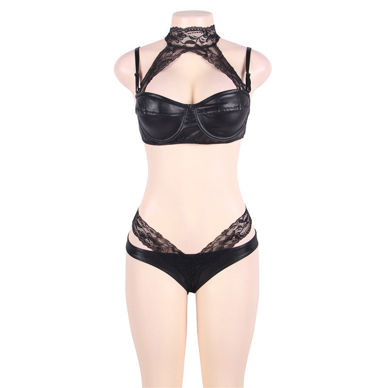 Comondear Erotic Leather Lingerie Femme Porno Bra G-string Sexy Underwear Set Plus Size Lenceria Backless Sex Langerie