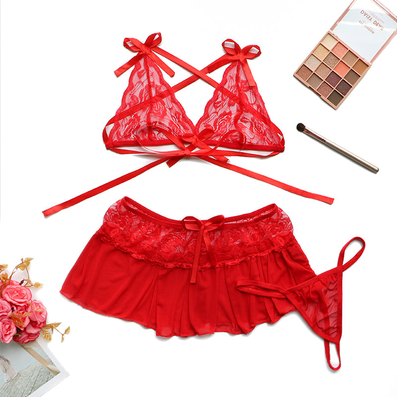 Lace Red 3Pcs Lingerie Set Sexy G-string Dress Exotic Apparel Erotic Underwear Lenceria Transparent Ropa Interior Porno Costumes