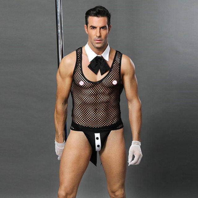 Male Sexy Police Costume Black Latex Mesh Sexy Lingerie Hot Erotic Cop Uniform Police Role Play Sex Clothes For Adult Men