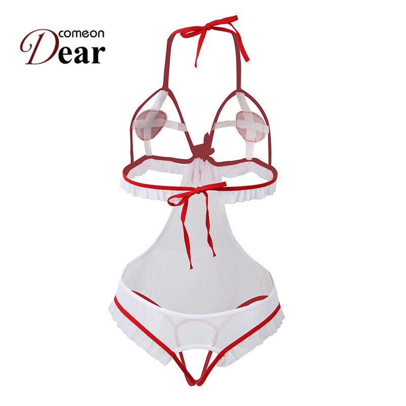 Comeondear Sexy Nurse Lingerie Costume Transparent Women White Body Plus Size Cosplay Uniform Open Crotch Erotic Teddy RA80674