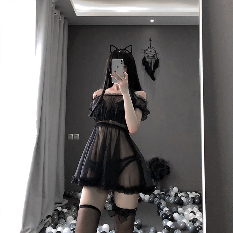 Kawaii Lace Babydoll Lingerie Pajamas Set for Women Off-Shoulder Tulle Temptation See Through Dress Erotic Cosplay Costumes