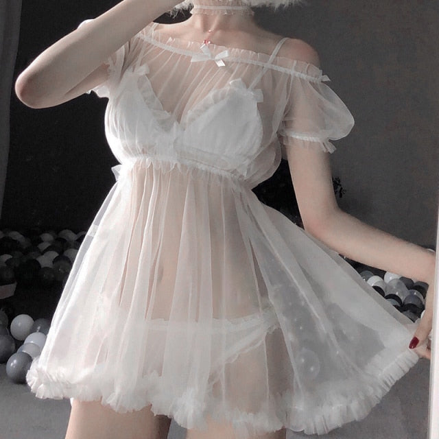 Kawaii Lace Babydoll Lingerie Pajamas Set for Women Off-Shoulder Tulle Temptation See Through Dress Erotic Cosplay Costumes