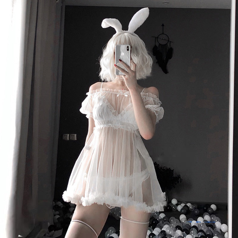 Kawaii Lace Babydoll Lingerie Pajamas Set for Women Off-Shoulder Tulle Temptation See Through Dress Erotic Cosplay Costumes