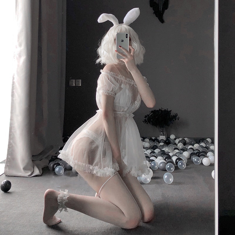 Kawaii Lace Babydoll Lingerie Pajamas Set for Women Off-Shoulder Tulle Temptation See Through Dress Erotic Cosplay Costumes