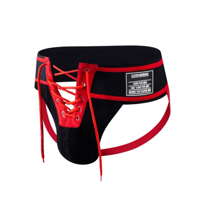 Sexy Thong Men Jockstrap Underwear Lacing Penis Pouch Lingerie Waistband Lace Up Open Front Gay Men Underpants Fetish Exotic