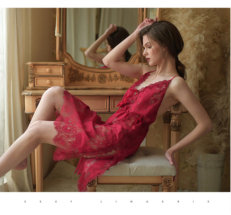 IRENE TINNIE Sexy Pyjamas Women Perspective Lace Hollow Out Deep V Lingerie Solid Strapless Nuisette Split Backless Nightdress