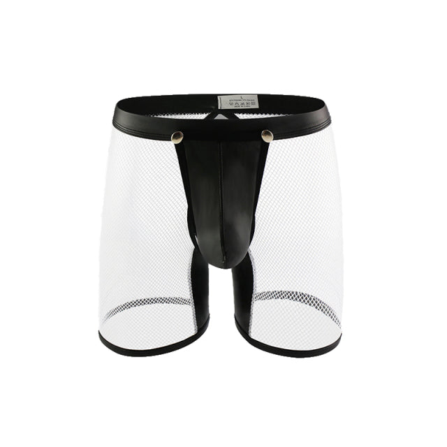 Men Underwear Shorts Lingerie Sexy Mesh Transparent PU Leather Open Penis Pouch Long Leg Boxer Shorts Open Butt Fetish Clubwear