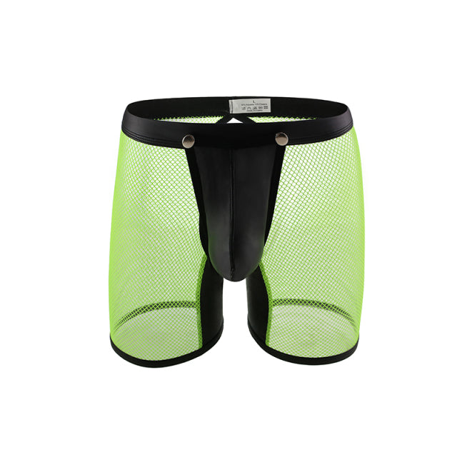 Men Underwear Shorts Lingerie Sexy Mesh Transparent PU Leather Open Penis Pouch Long Leg Boxer Shorts Open Butt Fetish Clubwear