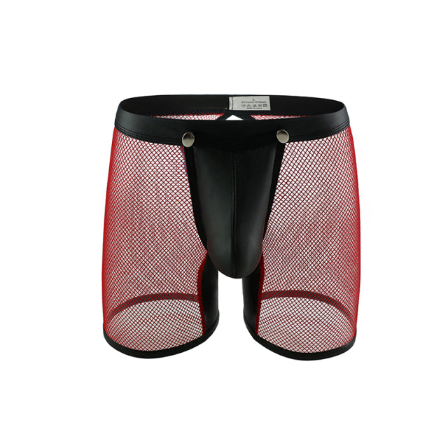 Men Underwear Shorts Lingerie Sexy Mesh Transparent PU Leather Open Penis Pouch Long Leg Boxer Shorts Open Butt Fetish Clubwear