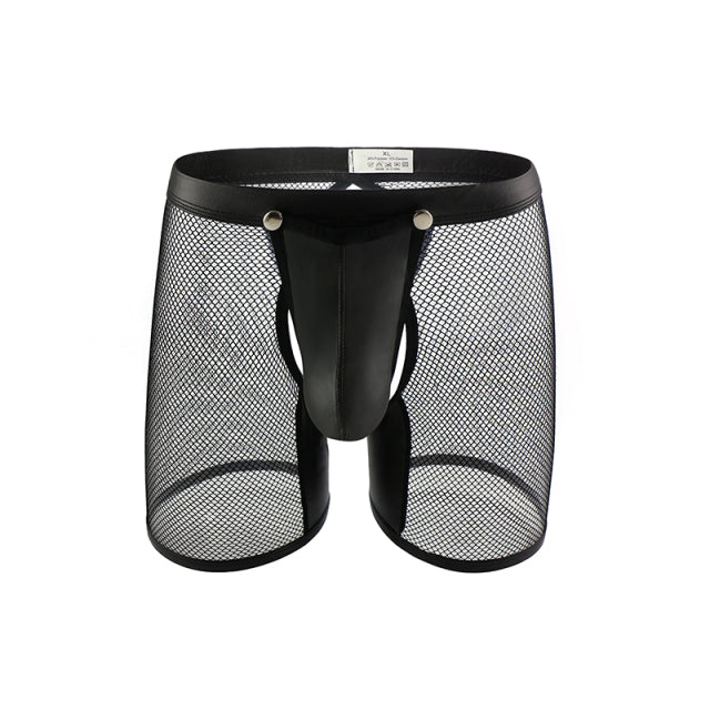 Men Underwear Shorts Lingerie Sexy Mesh Transparent PU Leather Open Penis Pouch Long Leg Boxer Shorts Open Butt Fetish Clubwear