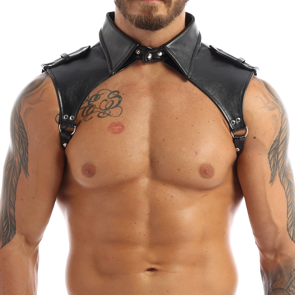iEFiEL Fashion Men Nightclub Performance Tops Neckline Adjustable Body Chest Harness Lapel Bondage Costumes with Press Buttons