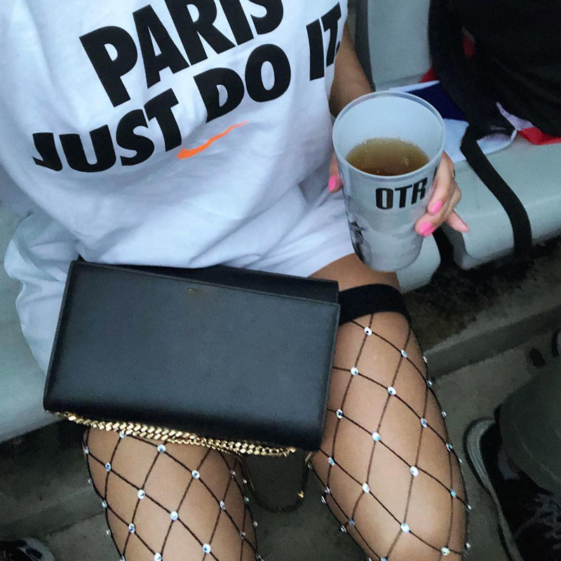 Sexy Woman Crystal Glitter Up Thigh High Stockings Rhinestone Fishnet Pantyhose Diamond Large Grid Tights