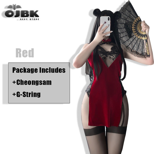 Sexy Cosplay Chinese Traditional Dress for Women Gothic Punk Mini Devil Black Red Cheongsams Party Fashion Solid Color Satin V