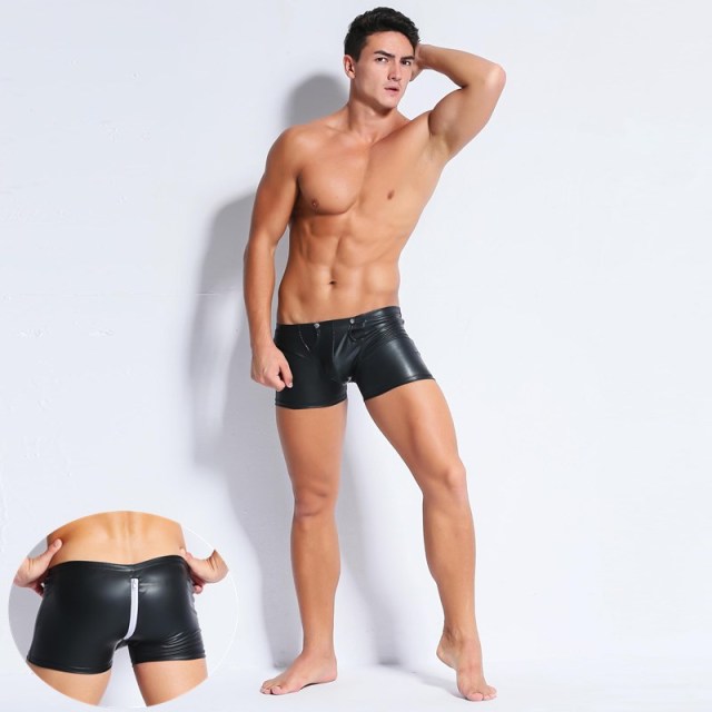 Male Underwear Open Crotch Sissy Pants Patent Leather Fetish Men Latex Boxer Shorts Porno Gay Crotchless Lingerie for BDSM Sex