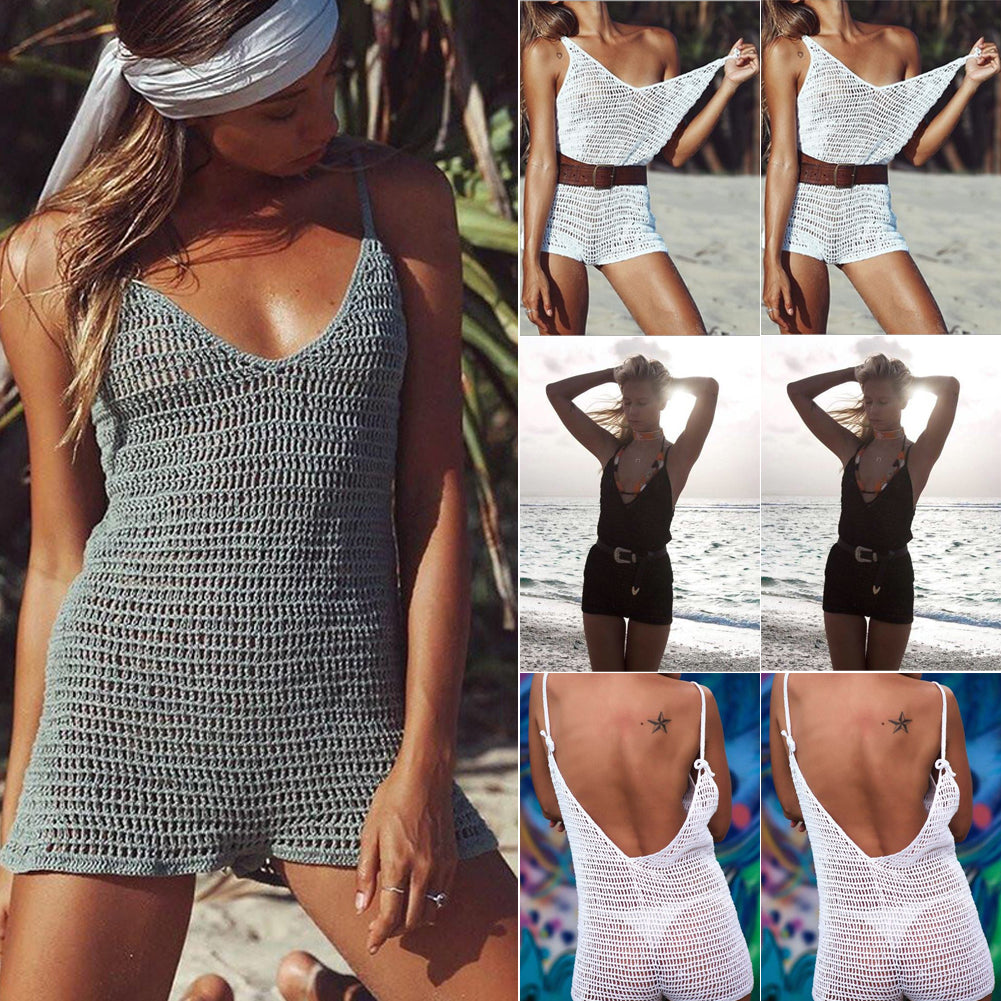 Womens Crochet Knit Hollow Out Beach Playsuits Sexy Female Strappy Holiday Sea Side Wear Plalysuit Jumpsuits Rompers