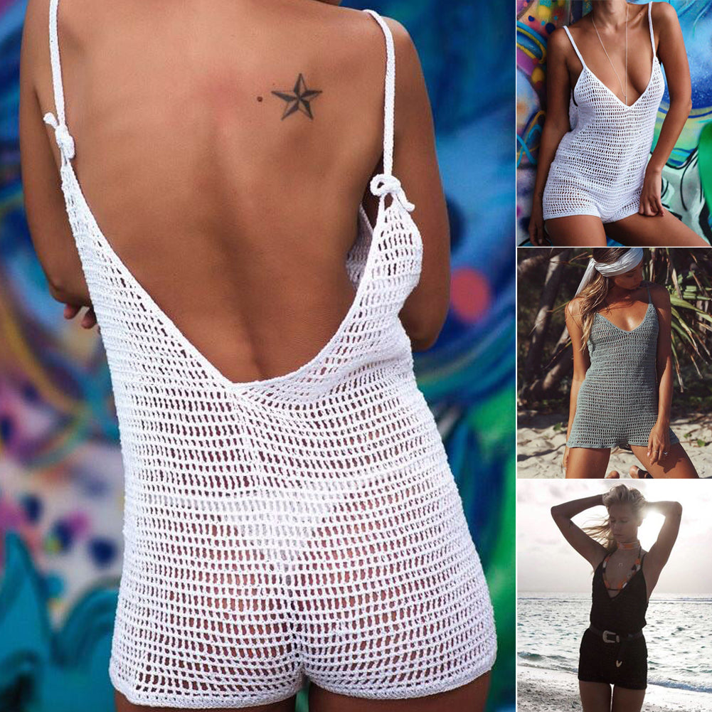 Womens Crochet Knit Hollow Out Beach Playsuits Sexy Female Strappy Holiday Sea Side Wear Plalysuit Jumpsuits Rompers