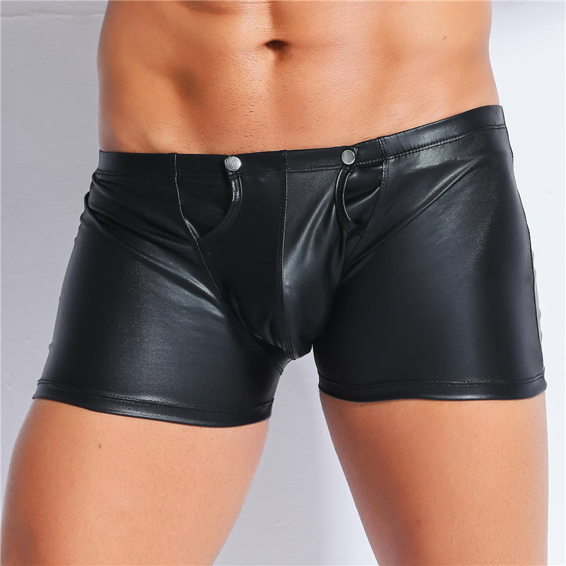Male Underwear Open Crotch Sissy Pants Patent Leather Fetish Men Latex Boxer Shorts Porno Gay Crotchless Lingerie for BDSM Sex