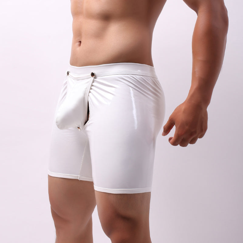 AIIOU Sexy Men Boxer Shorts Funny Faux Leather Underwear Wet Look Underpants Open Crotch Pouch Erotic Gay Cueca Male Panties
