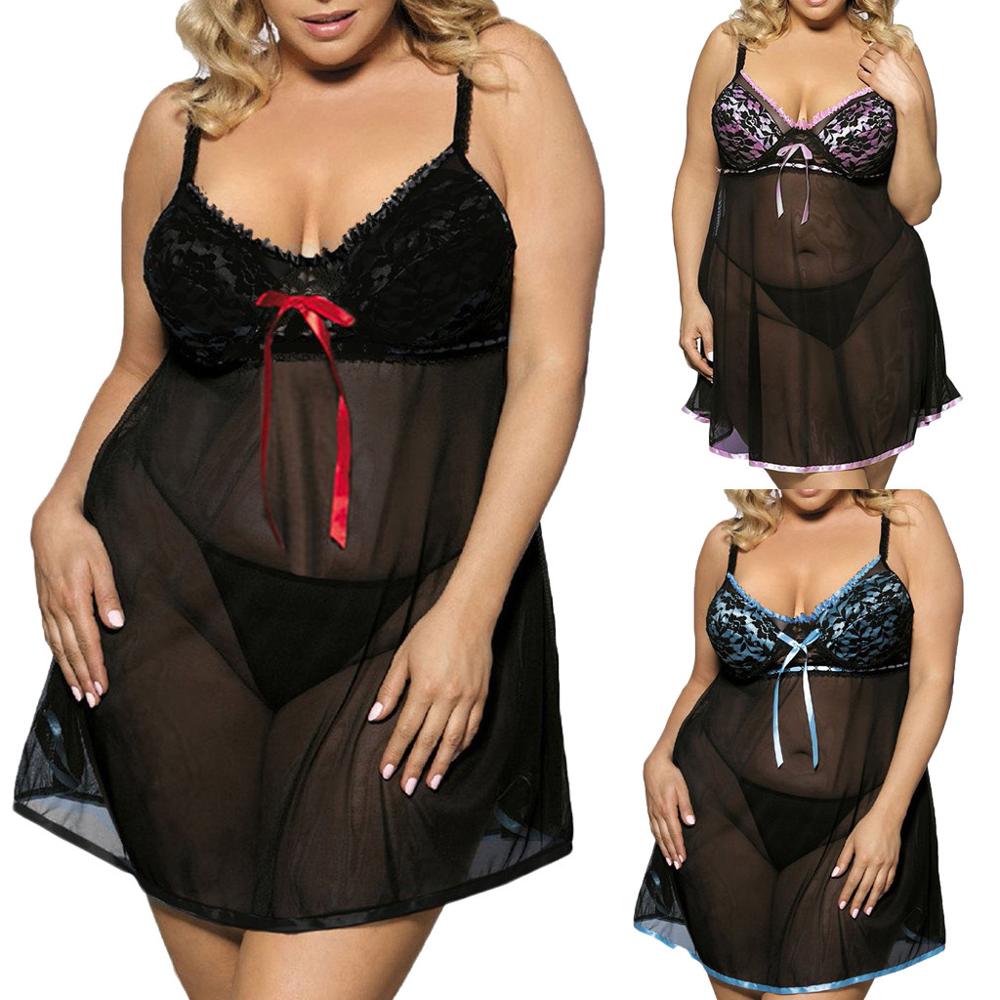 6XL Sexy Womens Lace Bow Lingerie Nightwear Plus Size Sleepwear Night Dress Camisole Sexy Nightgowns See Through Nighty Homewear