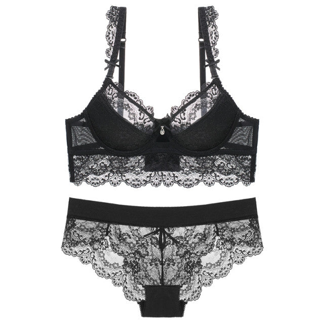 Lace Mesh Bra Womens Lingerie Underwear Embroidery Push Up Sexy Women Bra Panty Set