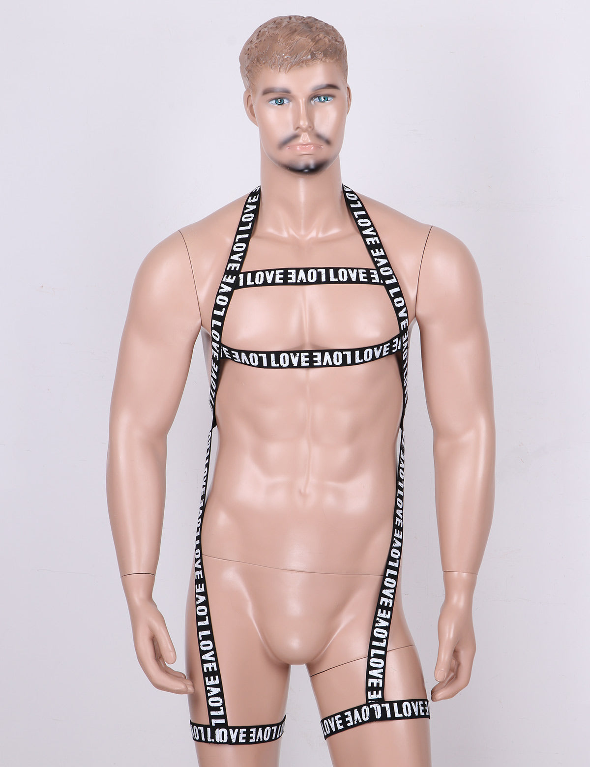 MSemis Men Gay Lingerie Letters Print Straps Halter Neck Body Open Chest Harness Belt Leg Garter Straps for Cosplay Club Costume