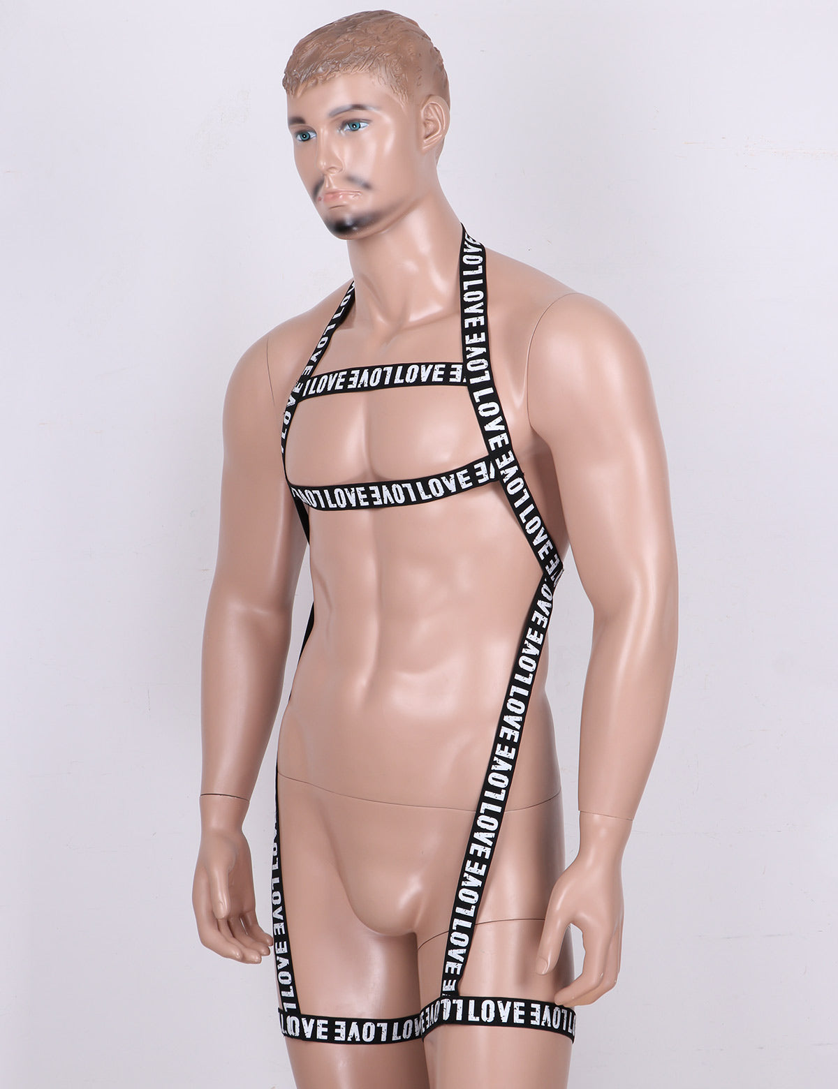 MSemis Men Gay Lingerie Letters Print Straps Halter Neck Body Open Chest Harness Belt Leg Garter Straps for Cosplay Club Costume