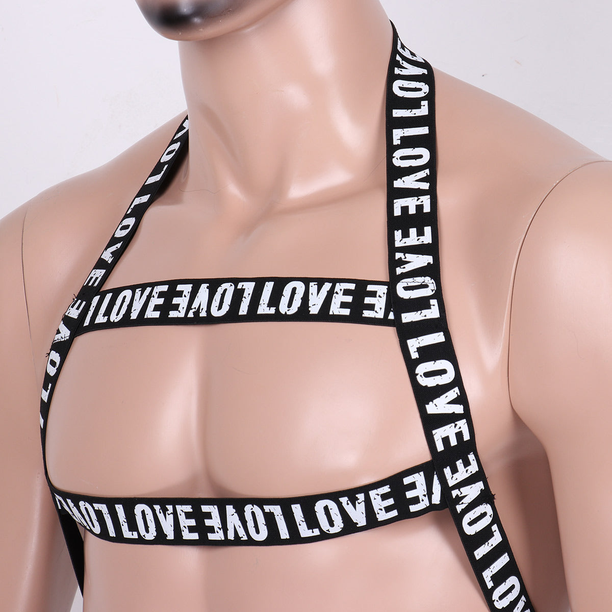 MSemis Men Gay Lingerie Letters Print Straps Halter Neck Body Open Chest Harness Belt Leg Garter Straps for Cosplay Club Costume