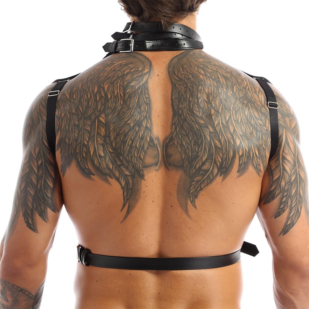 Harness Mens Erotic Lingerie for Sex Leather Halter Neck Buckles Body Chest Harness Belt with Metal O-rings Fancy Costume Straps