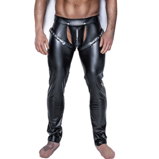 Mens Trousers Open Crotch PU Leather Latex Leggings Fitness Pencil Pants Taniec Na Rurze Clubwear Gay Sexy Wetlook Leggings XXL