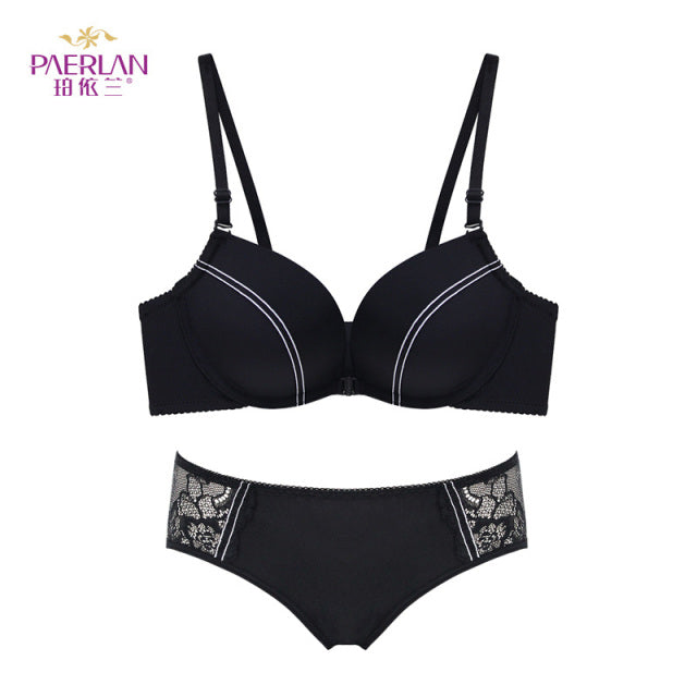 [Bra + underwear] Front Buckle Design Stitching Contrast color No Steel Ring Striped Female Bra Set No Trace Panties