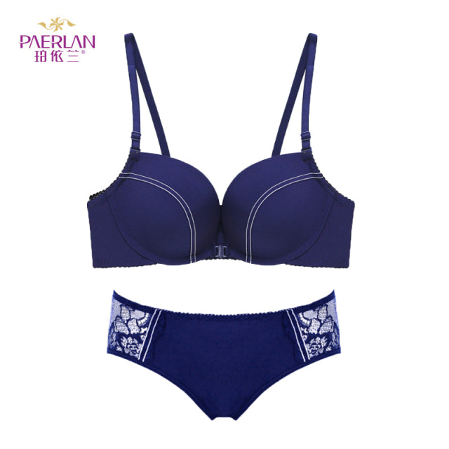 [Bra + underwear] Front Buckle Design Stitching Contrast color No Steel Ring Striped Female Bra Set No Trace Panties