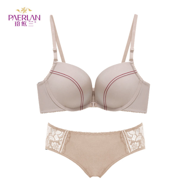 [Bra + underwear] Front Buckle Design Stitching Contrast color No Steel Ring Striped Female Bra Set No Trace Panties