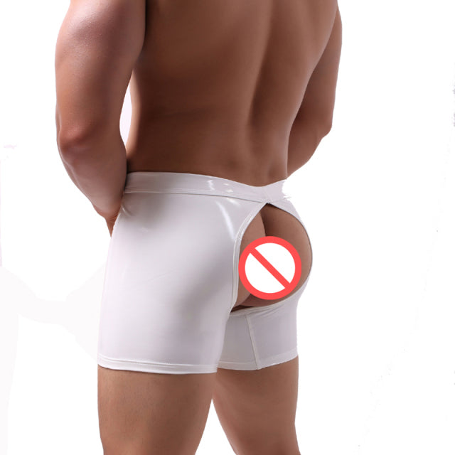 Men Long Boxer Shorts Sexy Big Penis Bag Panties Patent Leather Buttons Erotic Hollow Gay Underwear Brand Long Leg Underpants