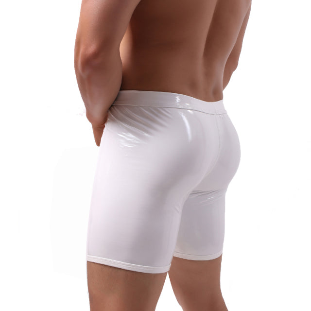 Men Long Boxer Shorts Sexy Big Penis Bag Panties Patent Leather Buttons Erotic Hollow Gay Underwear Brand Long Leg Underpants