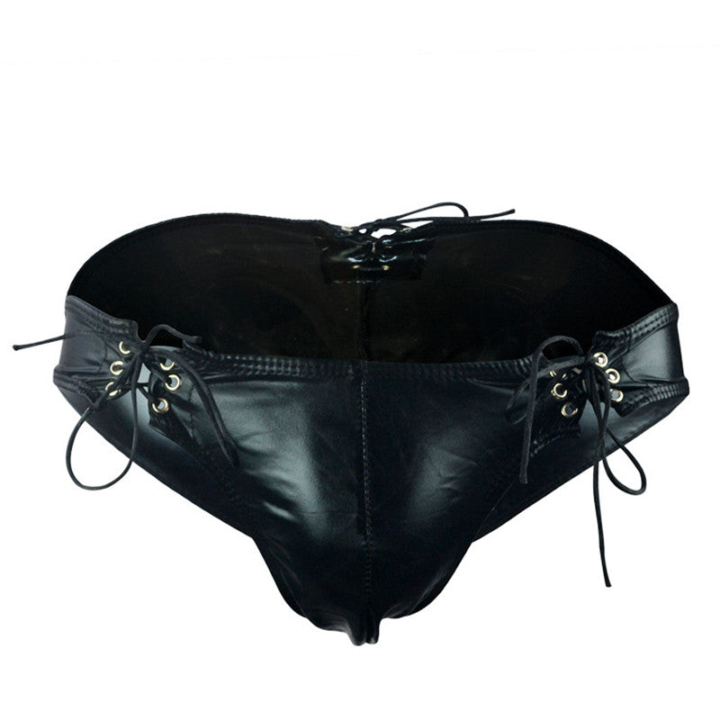 Bandage Men Sexy Underwear Faux Leather Male U Convex Briefs Adjustable Drawstring PU Panties