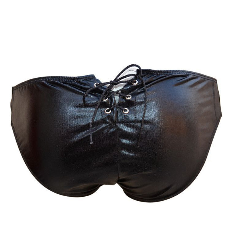 Bandage Men Sexy Underwear Faux Leather Male U Convex Briefs Adjustable Drawstring PU Panties