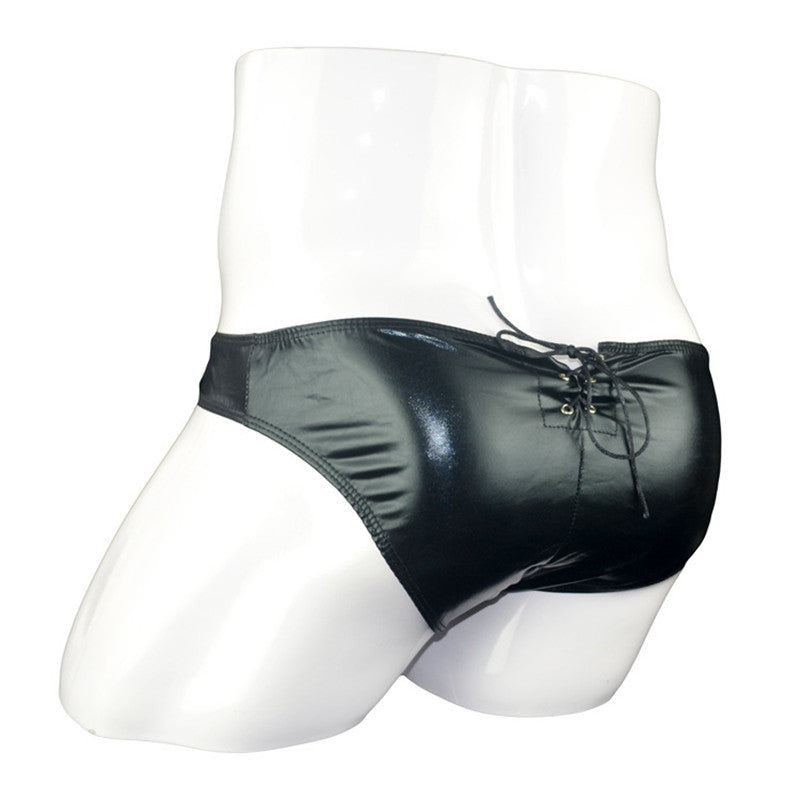 Bandage Men Sexy Underwear Faux Leather Male U Convex Briefs Adjustable Drawstring PU Panties