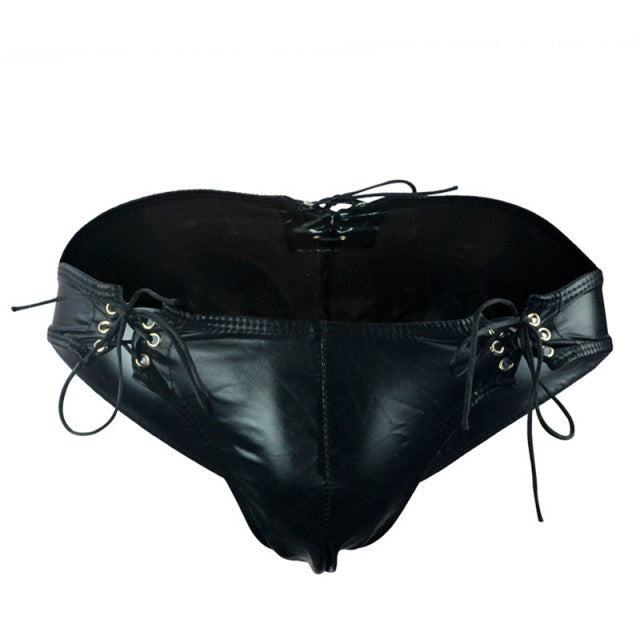 Bandage Men Sexy Underwear Faux Leather Male U Convex Briefs Adjustable Drawstring PU Panties